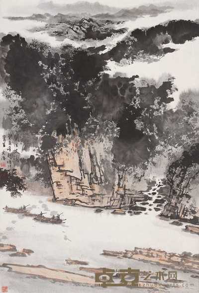 宋文治 癸亥(1983年)作 闵江放筏 镜心 67×45cm
